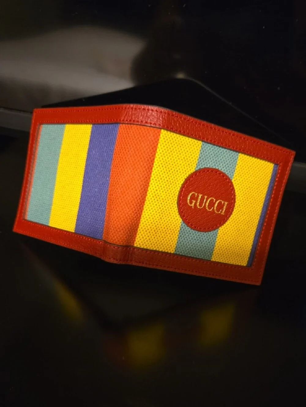 Gucci Red Yellow Green Stripe Canvas Bi-Fold Wallet